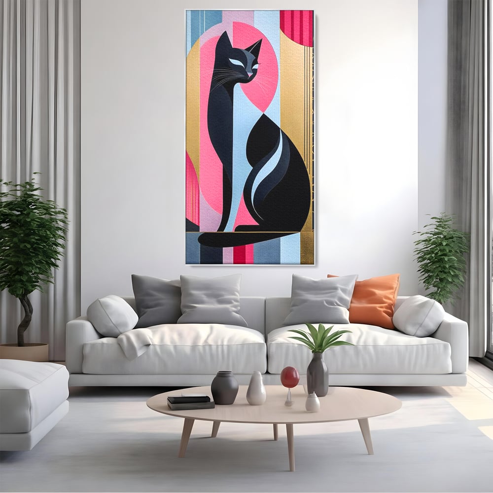 Tablou canvas cu tablou vertical cu silueta de pisica, in rama de aluminiu argintiu, pe perete intr-un living